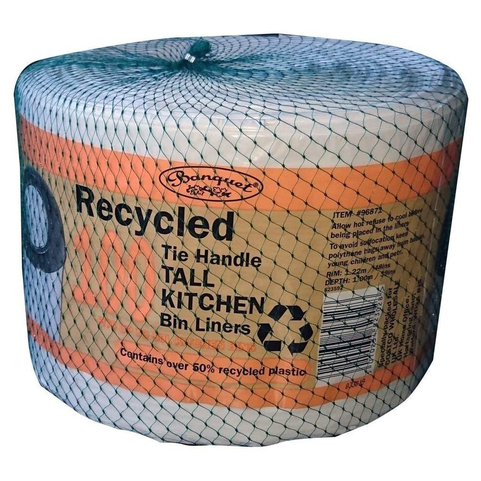 Banquet Recycled 100 Tie Handle Tall Kitchen Bin Liners, White