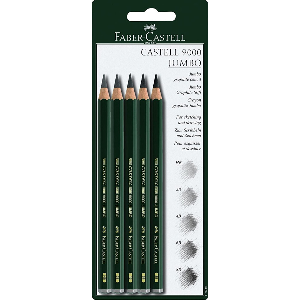 Faber-Castell 5 Piece Quality Castell 9000 Jumbo Graphite Pencils Blister Card Set, Including HB, 2B, 4B, 6B and 8B