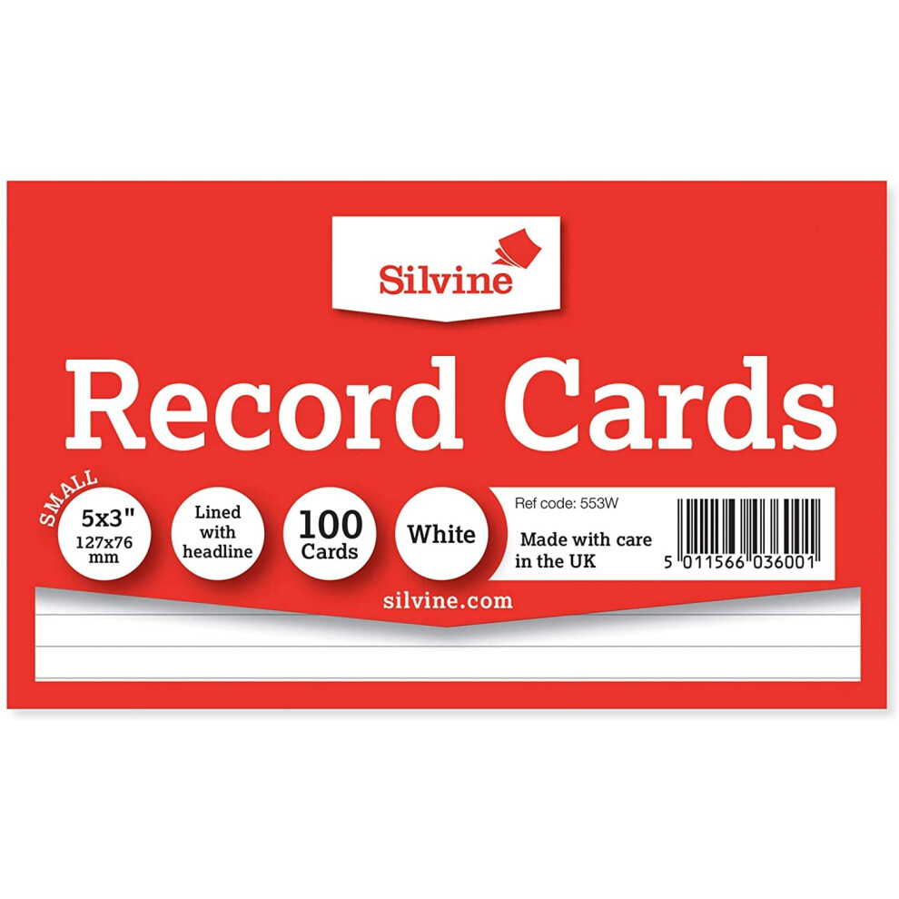 Silvine 5x3' Record Cards - Lined With headline, 100 Cards Per pack. Ref 553W (127 X 76mm)