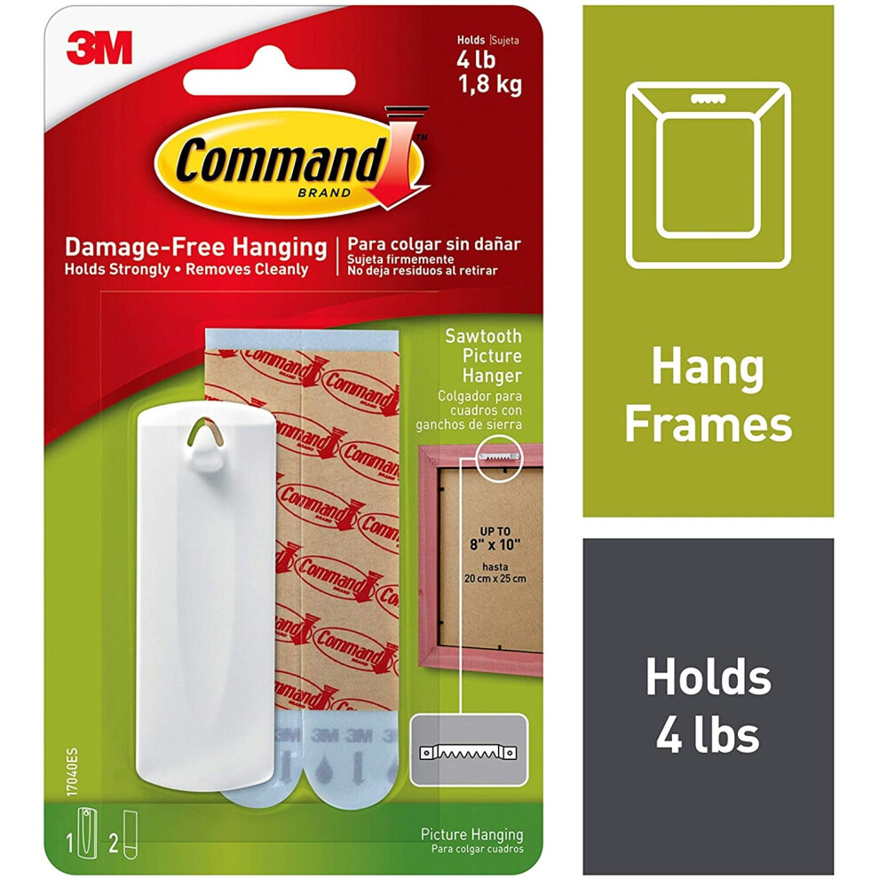 Command Sawtooth Picture Hanger Kit with Command Adhesive Strips - 1 Pack - Hanger Holds up to 1.8Kg (4lb) - 75 mm x 25 mm