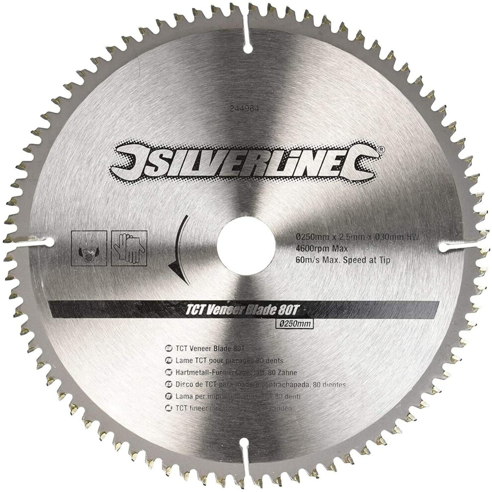 Silverline 244964 TCT Veneer Blade 80T 250 x 30 - 25, 20, 16 mm rings