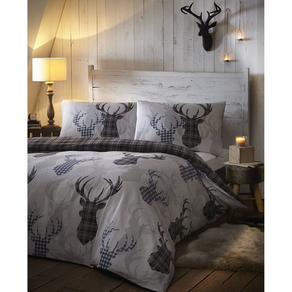 DE CAMA Tartan Stag Checked Duvet Set Reversible Bedding Quilt Cover King Size, Cotton and Polyester, Black and Grey