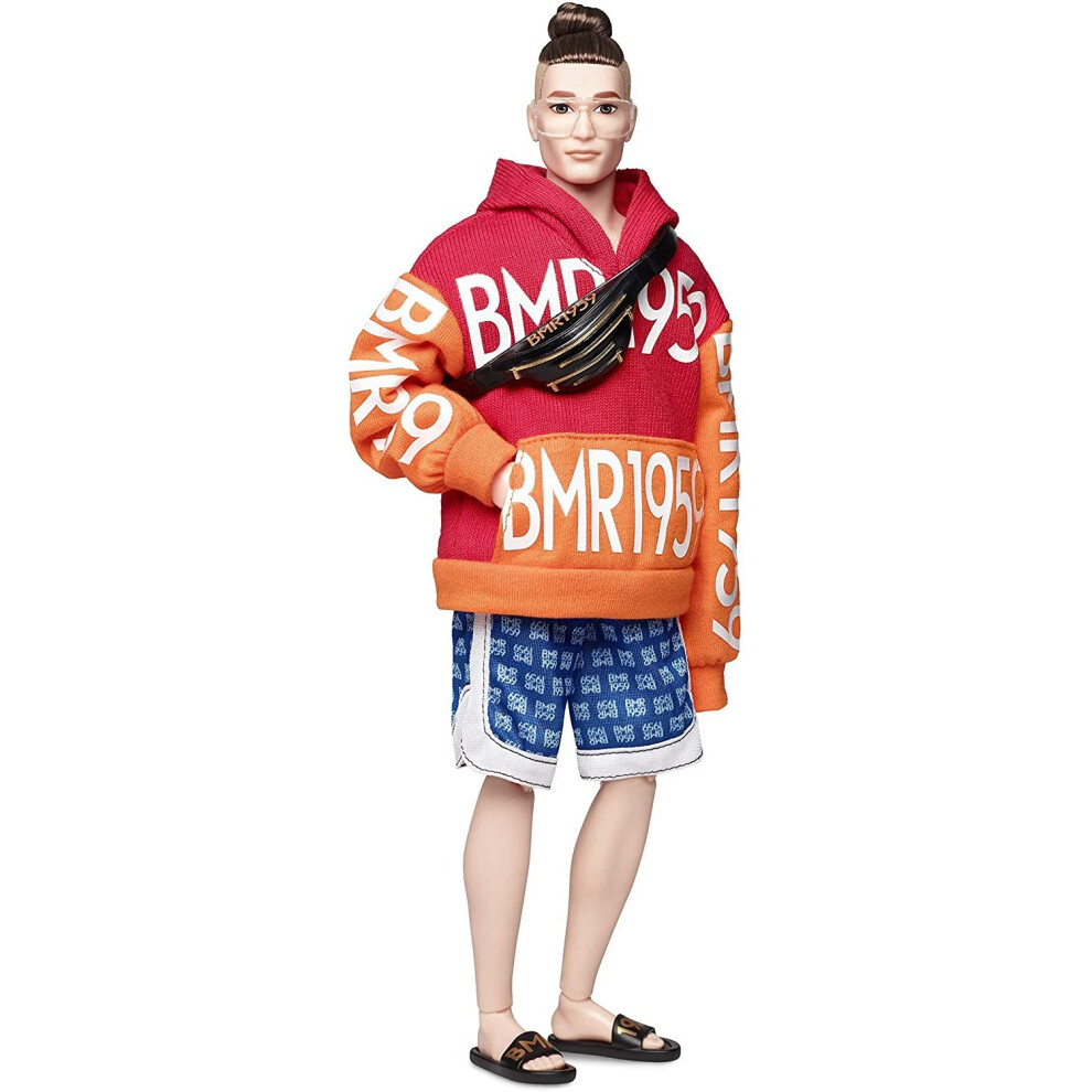 Barbie GHT93 BMR1959 Ken Fully Poseable Fashion Doll with Bun, in Bold Logo Hoodie and Basketball Shorts with Accessories and Doll Stand