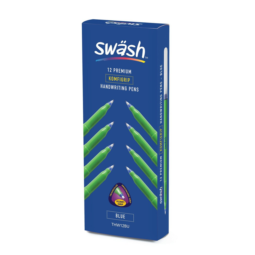 SwÃ¤sh KOMFIGRIP Pens For Handwriting, Washable Ink And Pressure-Resistant Tips Â Blue (Pack Of 12)