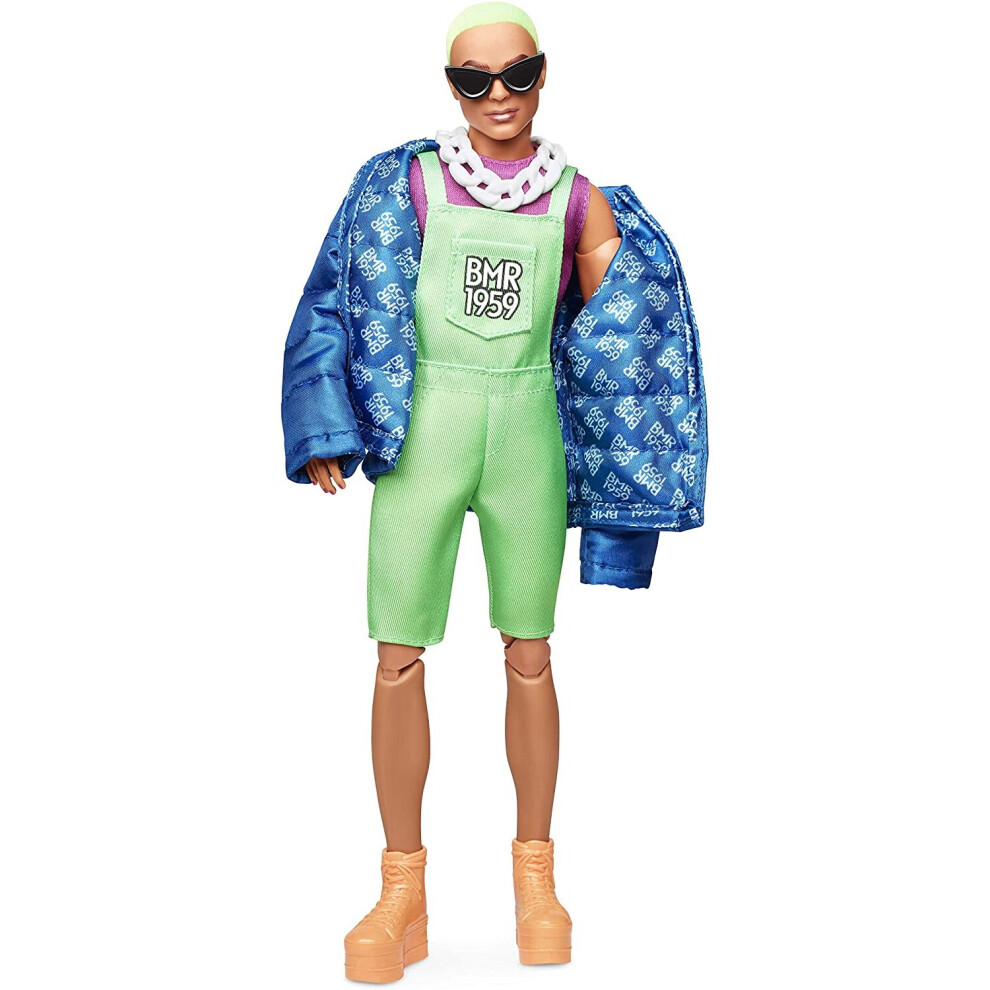 Barbie GHT96 BMR1959 Ken Fully Poseable Fashion Doll with Neon Hair, in Neon Overalls and Puffer Jacket with Accessories and Doll Stand