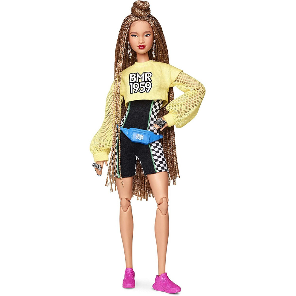 Barbie Bmr1959 Fully Poseable Fashion Doll With Braided Hair Wearing Bike Shorts Romper And Cropped Sweatshirt With Accessories And Doll Stand