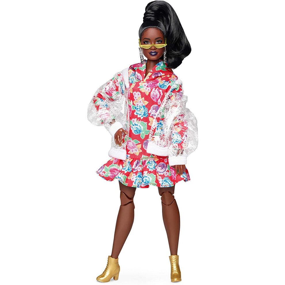 Barbie GHT94 BMR1959 Fully Poseable Curvy Fashion Doll, Brunette, in Clear Vinyl Bomber Jacket and Floral Hoodie Dress with Accessories and Doll Stand