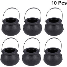BESTOYARD 10pcs Black Plastic Cauldron Candy Holder Pot with Handle for Halloween (Black)