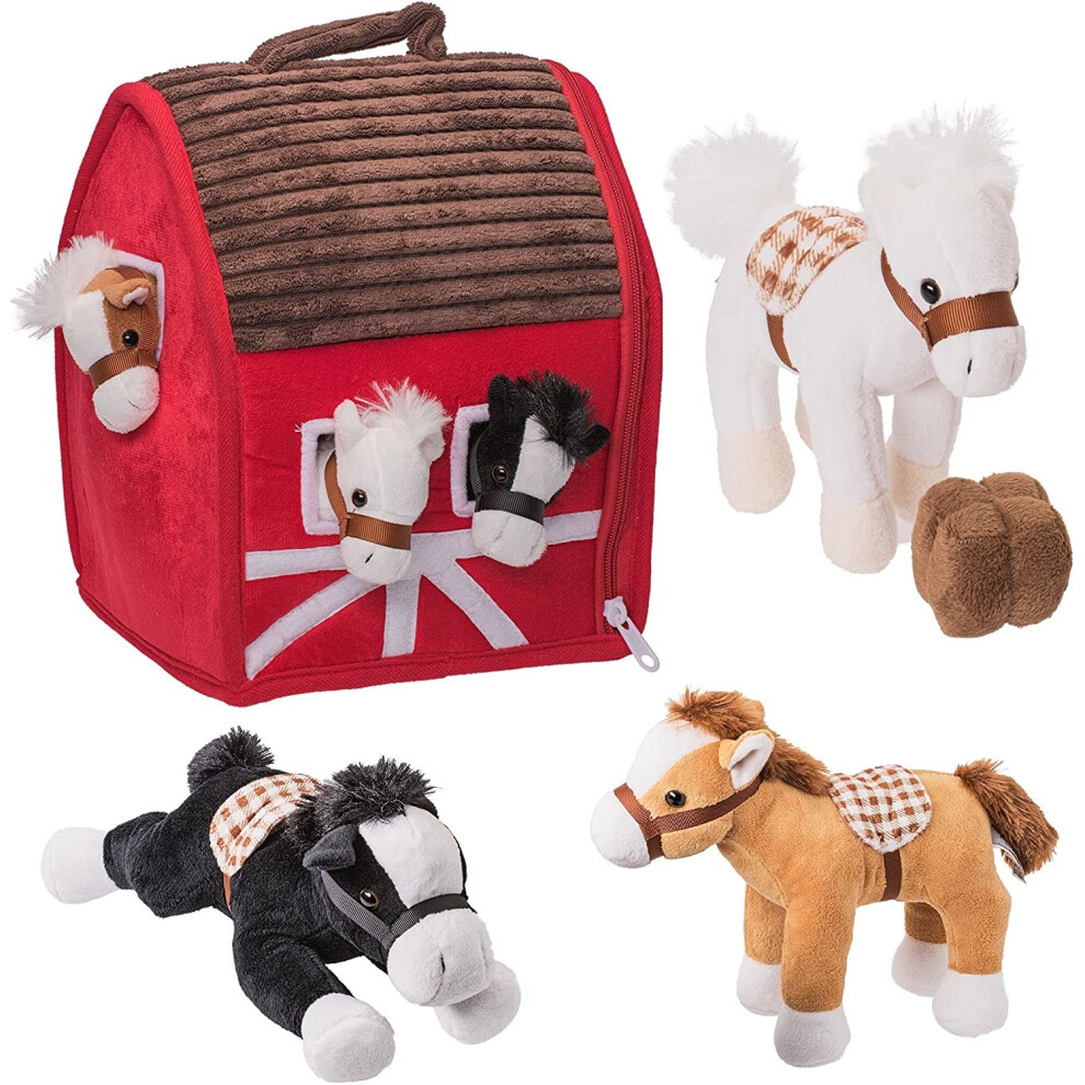 Prextex Plush Farm House with Soft and Cuddly 5' Plush Horses, Farm Boy, and Farm House Barn Carry Along Case