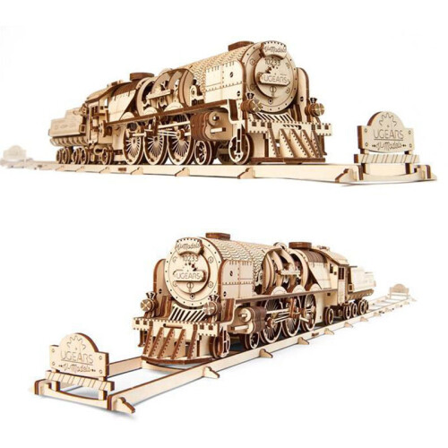 UGEARS V-Express Steam Train with Tender - Mechanical Wooden Model Kit 70058