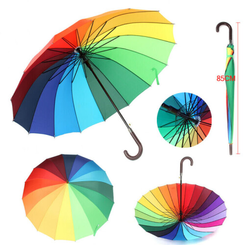 LARGE BRIGHT MULTI COLOURFUL RAINBOW GOLF UMBRELLA - 16 Rib Rainb
