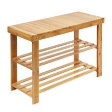 Style 2 Tier Shoe Storage Rack Stool 100% Natural Bamboo with Bench