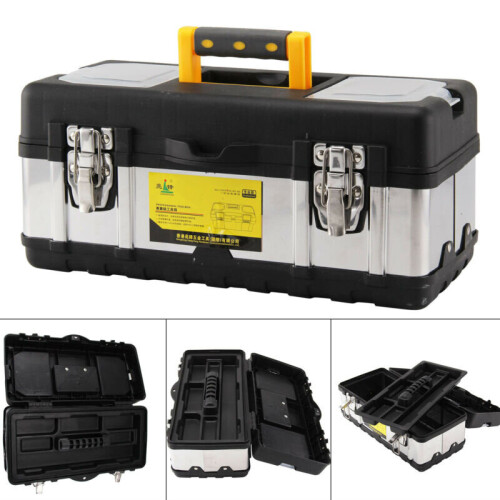 Heavy-Duty 17-Inch Stainless Steel Tool Box Chest with Removable Tray, Lid Compartments & Padlock Eye