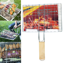 BBQ Long Handle Grilling Planks Meat Burger Fish Folding Mesh Food Outdoor Cook Tool