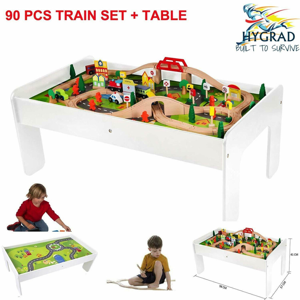 Hygrad Kids Wooden Activity White Table And 90 Piece Train Set Car Track + Accessories