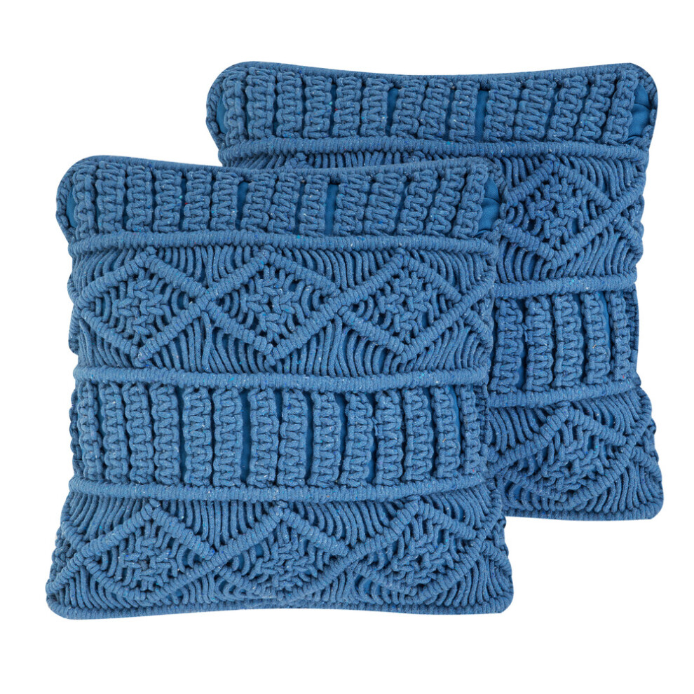 Set of 2 Cotton Cushions Macrame 45 x 45 cm Blue KARATAS
