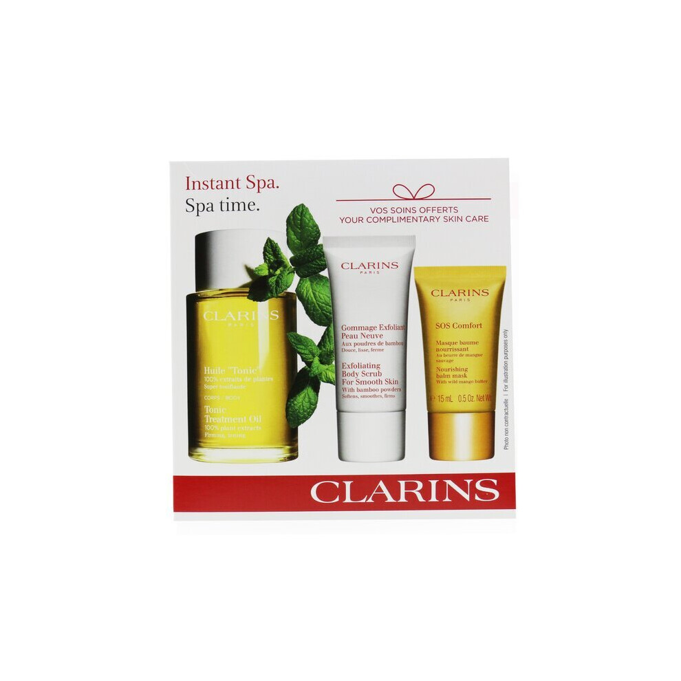 Clarins Spa At Home Set: Tonic Body Treatment Oil 100Ml+ Exfoliating Body Scrub 30Ml+ Sos Comfort Mask 15Ml - 3Pcs