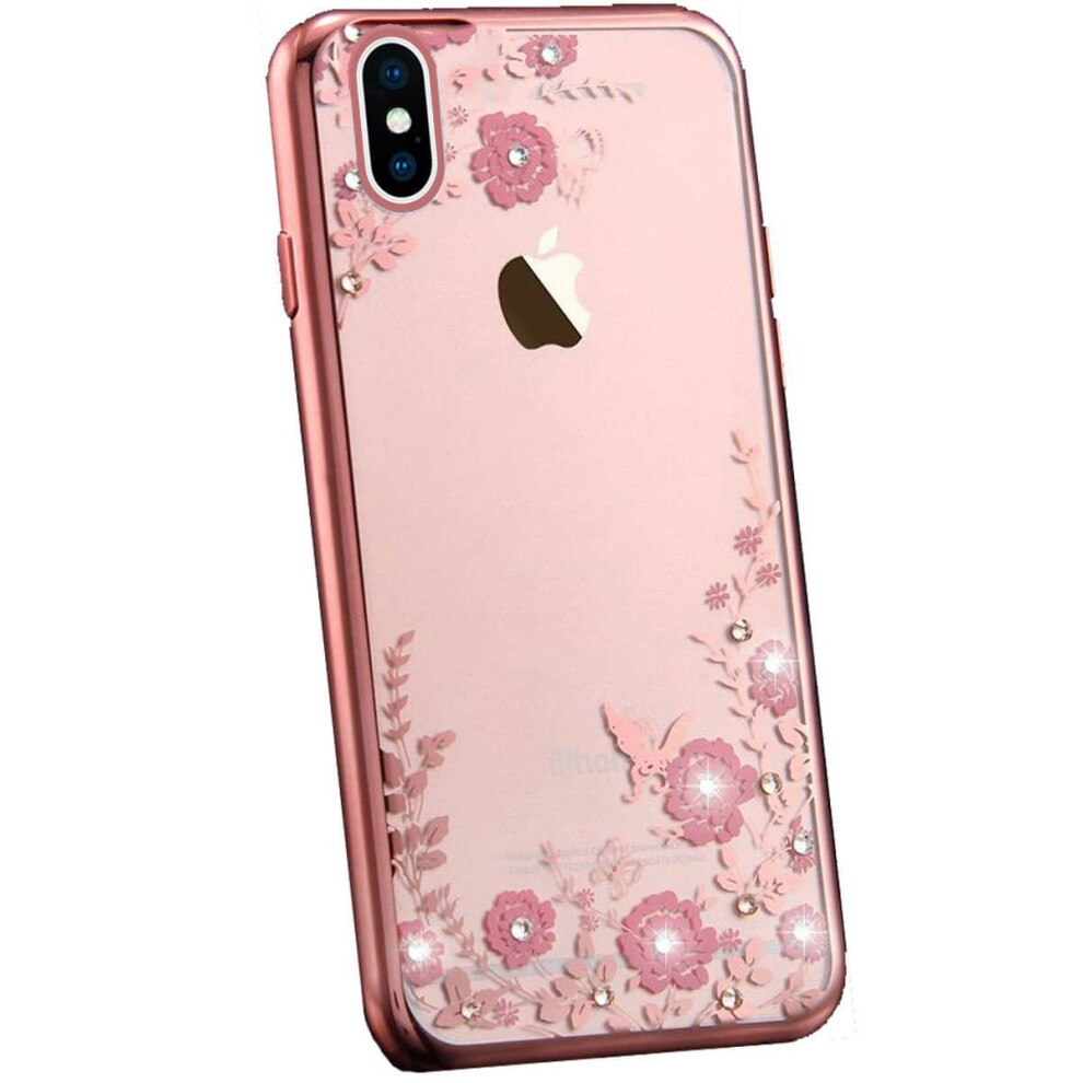 (Rose Gold, For Apple iPhone XR) Flower Bling Glitter Diamond Sparkly Soft Gel Case Cover For iPhone X 8 7 6 5s 5