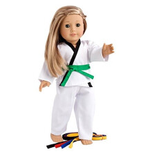 Oblecenie pre 46 cm dievcatko - biely outfit na karate / tae kwon do obsahuje bl zku, nohavice a 5 opaskov - lto-zeleno-cerveno-modro-cierne - p
