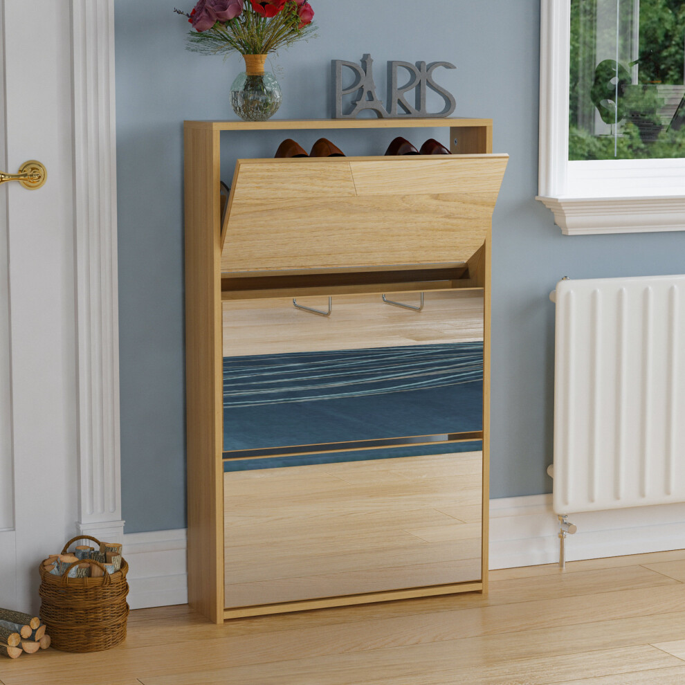 (Oak) Welham 3 Drawer Shoe Cabinet Mirror Tall Storage