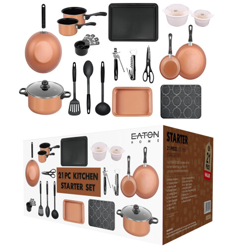 Gr8 Home Copper 21-Piece Kitchen Starter Set: Pots, Pans, Bakeware & Utensils (Code 2006934) 1
