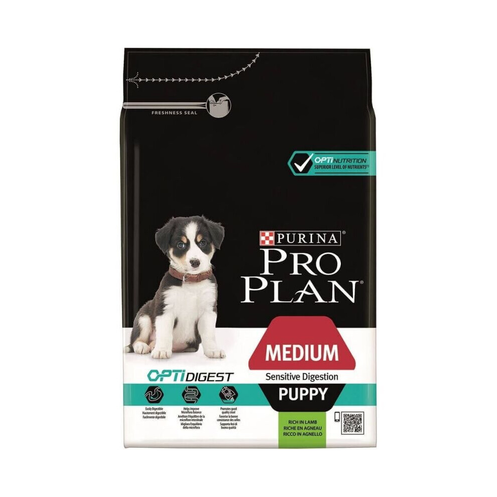 Purina Pro Plan Puppy Medium Sensitive Digestion Optidigest Lamb - 12 Kg: Supports Growth, Sensitive Digestion, 19% Lamb, Colostrum & Prebiotics