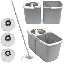 (Grey) 360° Spin Mop With Bucket 3 Microfibre Heads Set