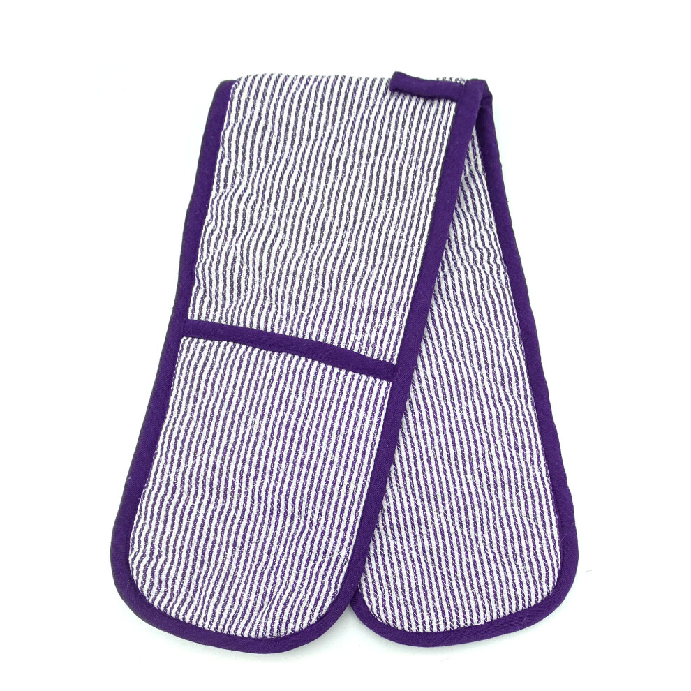 (Purple Stripe Double) Butcher Stripe Heat Resistant Double Oven Gloves Quilted Pinstripe Kitchen Mitts