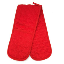 (Red Plain Double) Butcher Stripe Heat Resistant Double Oven Gloves Quilted Pinstripe Kitchen Mitts