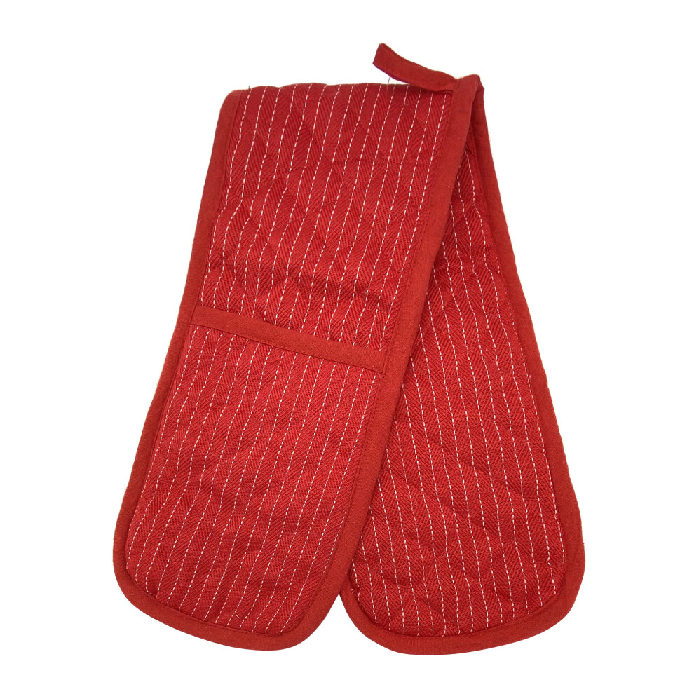 (Red Stripe Double) Butcher Stripe Heat Resistant Double Oven Gloves Quilted Pinstripe Kitchen Mitts