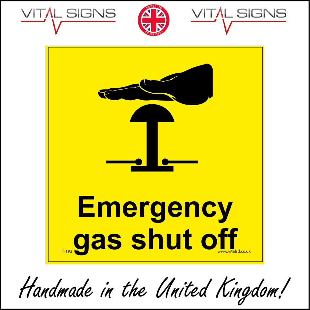 (100 x 100mm - 4 x 4, Sticker / Sav - White Background) FI192 Emergency Gas Shut Off Switch Isolator Valve Panic Stop Power Cut Sign