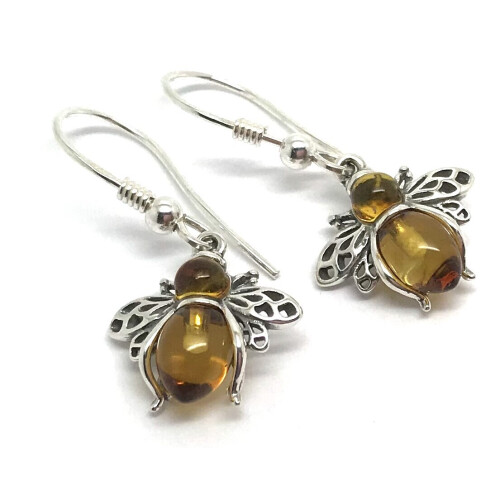 Real amber bee drop earrings, solid Sterling Silver. 1