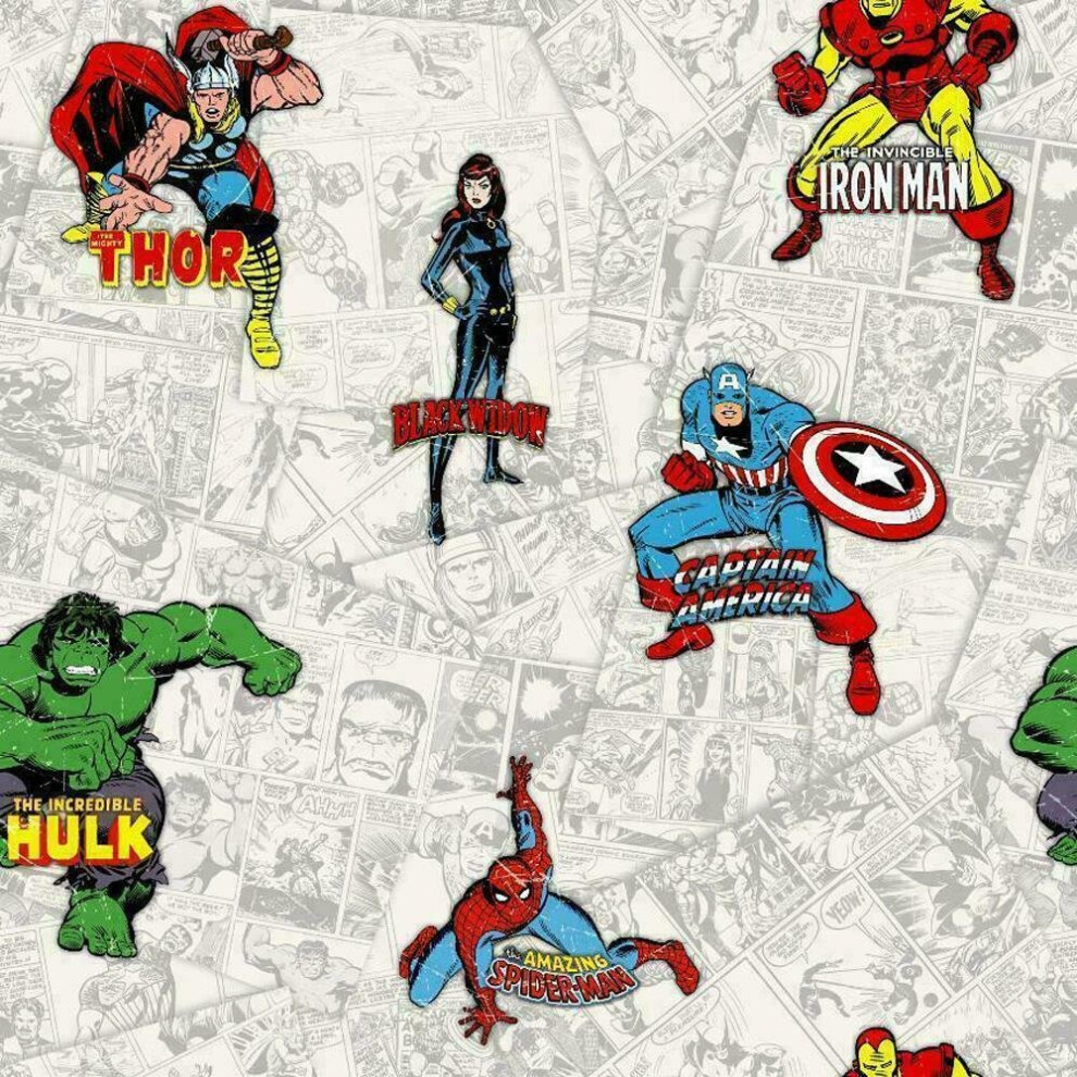 (159503 Multi Grey White) Muriva Marvel Avengers Comic Book Strip Heroes Wallpaper Thor Hulk Spiderman