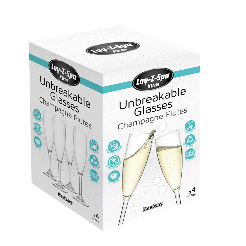 Lay-Z-Spa Premium Plastic Champagne Flute Glasses, Clear Virtually Unbreakable