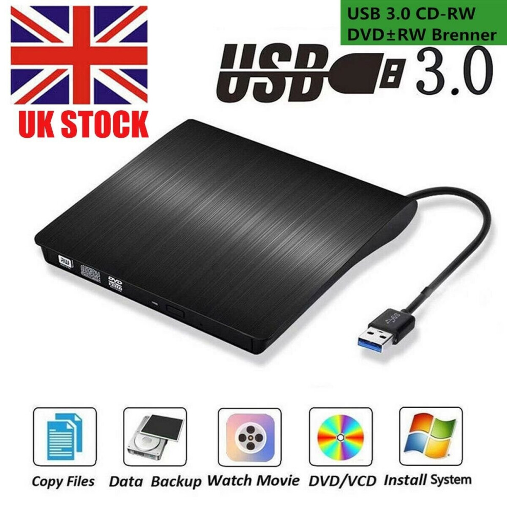 (Black) Usb 3.0 External Dvd Rw Drive Cd Dvd Rewriter Burner Reader For Laptop Pc Mac Hh Black 699900947715