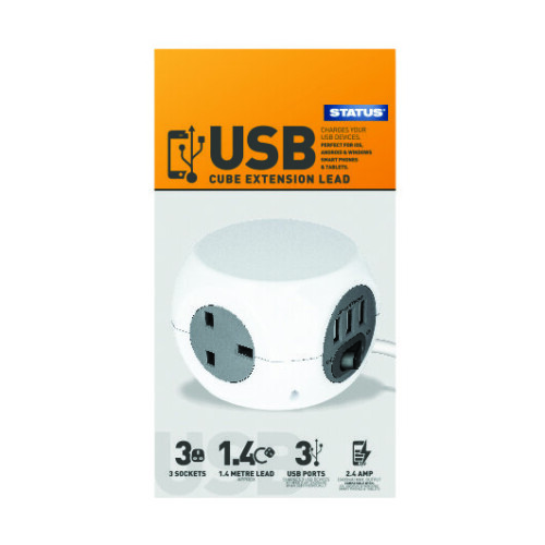 Status 3 Way Power Cube Socket with 3 USB Ports & 1.4M Extension Lead