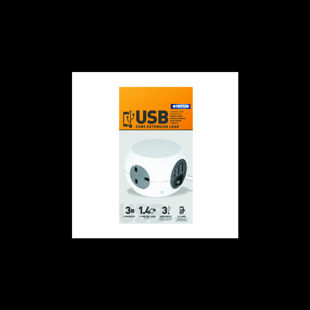 3 Way Power Cube Socket with 3 USB Ports & 1.4M Extension Lead