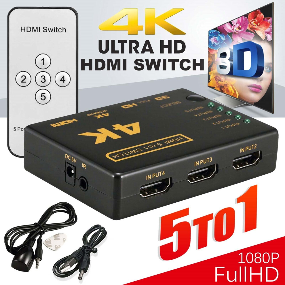 5 Way Port HDMI Splitter Switch 5 to 1 Hub 4k IR Remote For HDTV PS3