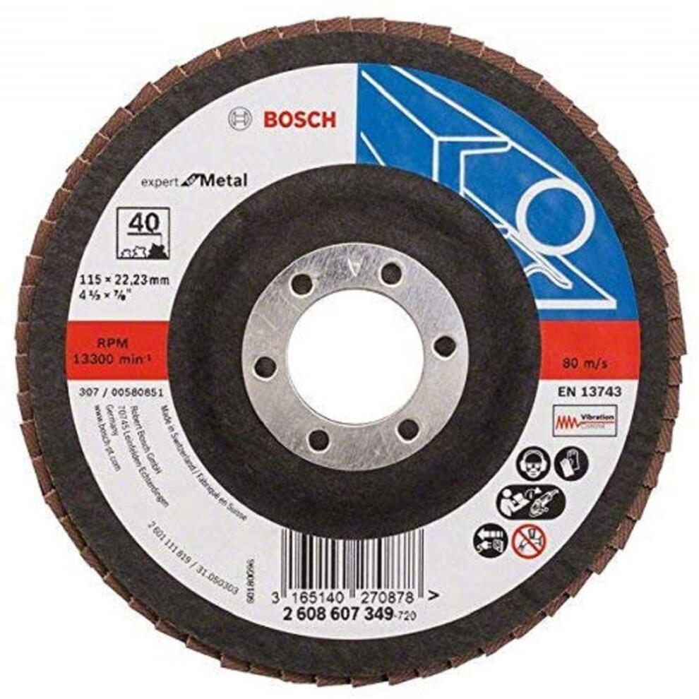 Bosch Professional 2608607349 Expert for Metal Flap disc for Angle Grinders, Straight version-115 Diameter, 22 mm bore diameter-40 grit, Black/Brown