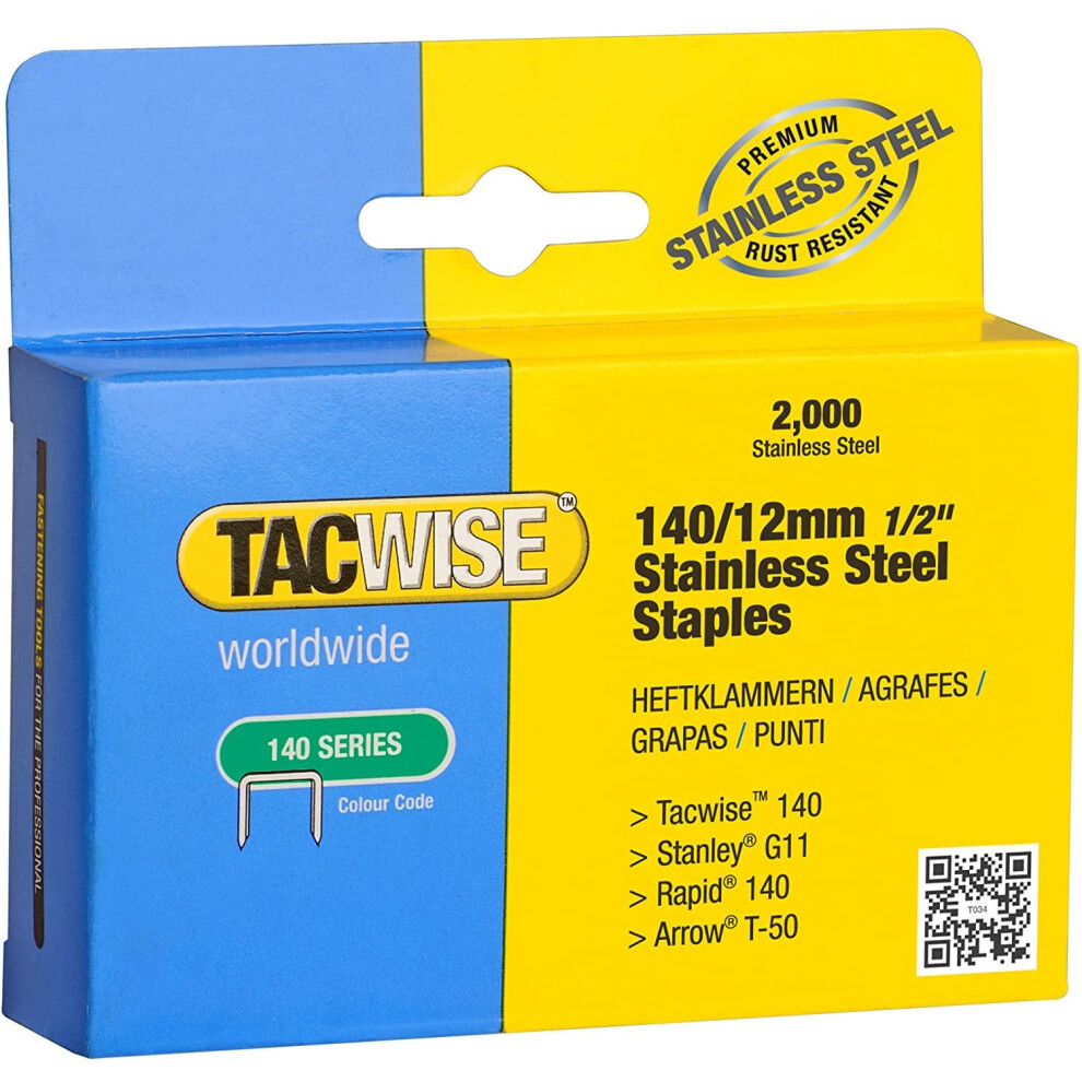 Tacwise 140/12mm Stainless Steel Staples (Box Of 2000)