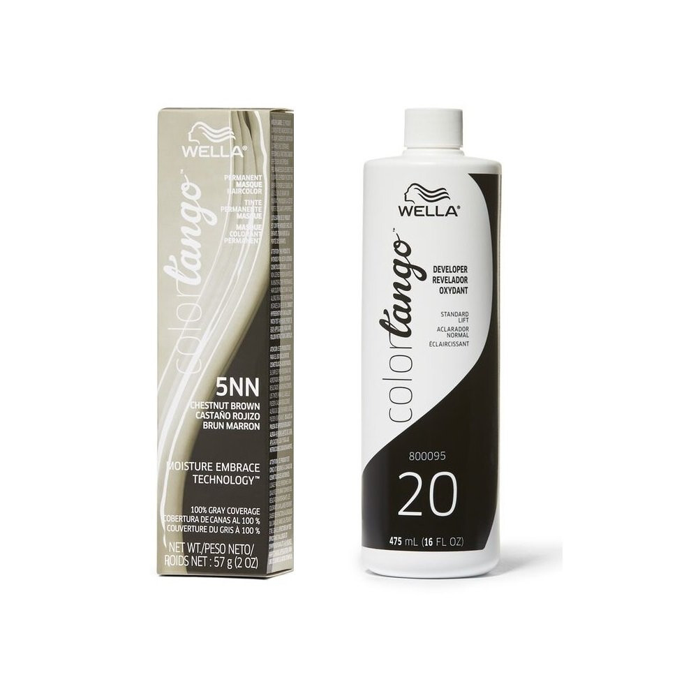 Wella (5Nn + Developer (Vol. 20) 16Oz) Color Tango 5Nn Chestnut Brown Permanent Haircolor Brown,Multicoloured