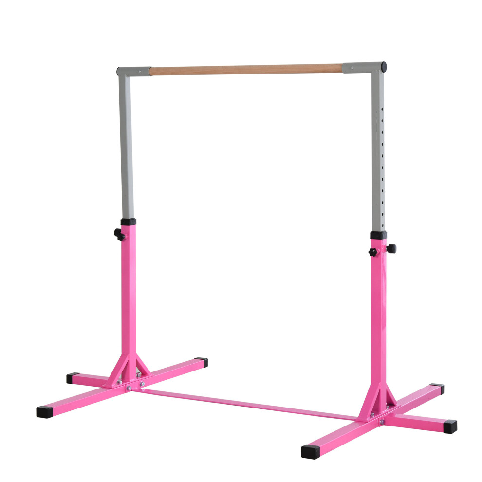 HOMCOM Adjustable Kids Gymnastics Bar Horizontal Training Steel Frame Wood Pink