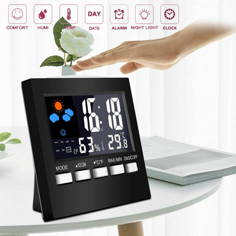 Black Digital Thermometer Humidity Clock Colorful Lcd Alarm Calendar Weather