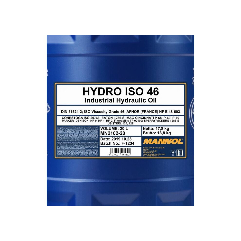 MANNOL 20L Hydraulic Oil 46 Fluid HLP 46 High Grade 20 Litres ISO 46 ...