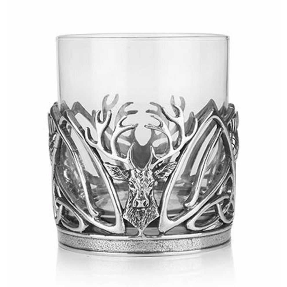 Stunning Pewter Stag & Scottish Thistle Whisky Tumbler Glass