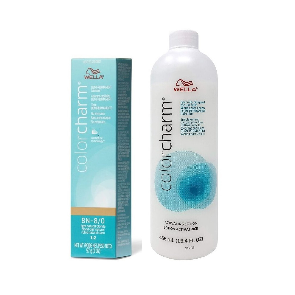 (8N + Activating Lotion (15.4oz)) Wella Color Charm 8N Light Natural Blonde Demi – Permanent Haircolor