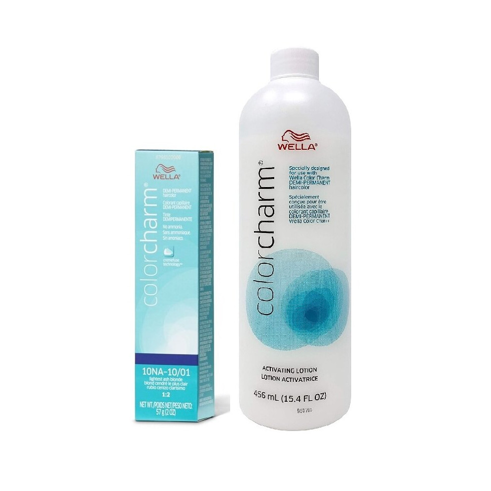 Wella (10Na + Activating Lotion (15.4Oz)) Color Charm 10Na Lightest Ash Blonde Demi – Permanent Haircolor Multicoloured