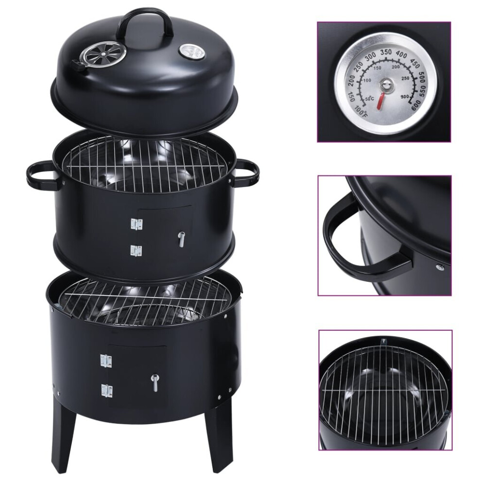 Vidaxl 3-In-1 Charcoal Smoker Bbq Grill Outdoor Barbecue Freestanding Grill Black