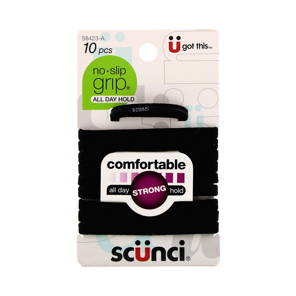 Scunci, No Slip Grip Elastics, Comfortable, All Day Strong Hold, Black, 10 Pieces