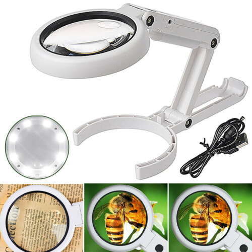 Foldable 8 LED Lighted Magnifying Lamp Reading Magnifier with Light Stand Clamp
